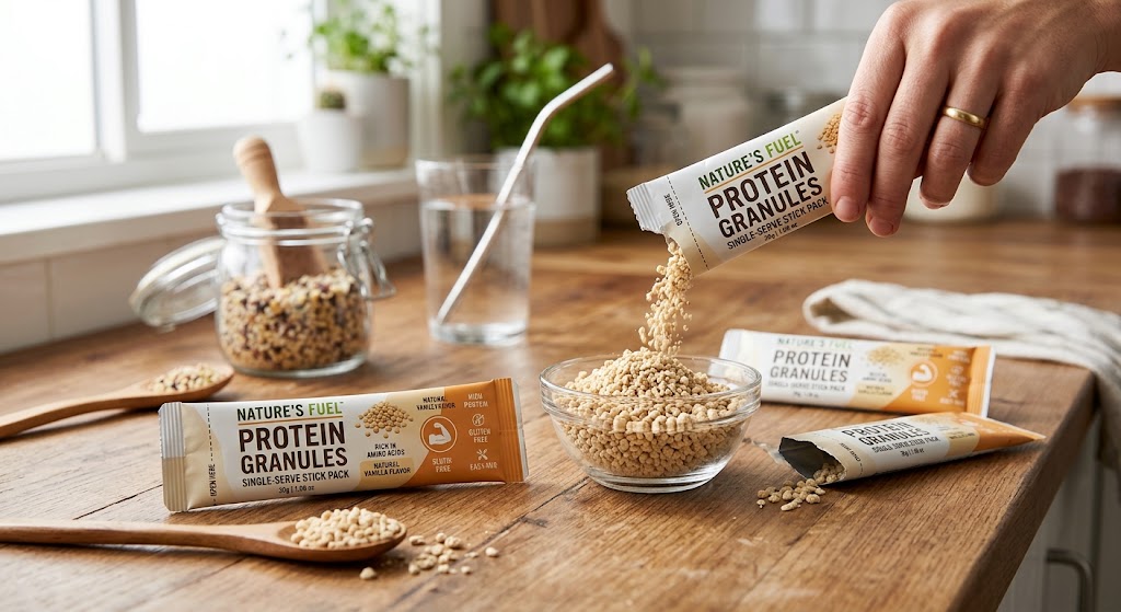 Protein granules in stick pack